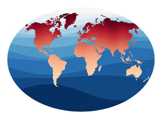 World Map Vector. Fahey pseudocylindrical projection. World in red orange gradient on deep blue ocean waves. Captivating vector illustration.