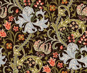 Floral seamless pattern with big flowers, lily and foliage on dark background. Vector illustration. - 394706681