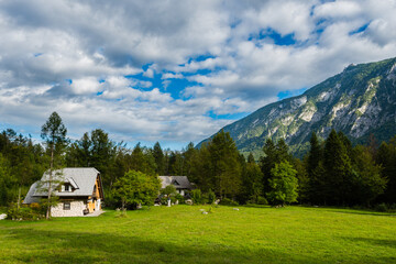 Mountain cabins in the region of Ukanc near the Lake Bohinj in the Triglav National Park in Slovenia on summer day with clouds