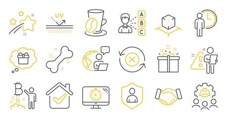 Set of Business icons, such as Reject refresh, Opinion, Special offer symbols. Engineering team, Waiting, Gift dream signs. Handshake, Dog bone, Bitcoin project. Security, Coffee cup. Vector