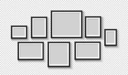 Black blank photo frame set. Vector empty pictures on wall. Square and rectangle art gallery poster. - obrazy, fototapety, plakaty