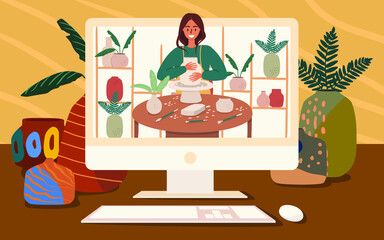 Flat vector illustration of a computer screen in which a woman shows how to make a ceramic vase. The concept of online courses, e-learning and practicing your hobby from the comfort of your home.