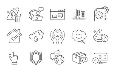 Buildings, Security and Rainy weather line icons set. World communication, Safe time and Touchscreen gesture signs. Smile chat, Project deadline and Report statistics symbols. Line icons set. Vector