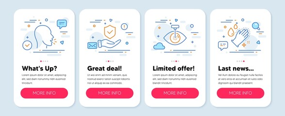 Set of Medical icons, such as Insurance hand, Eye laser, Cough symbols. Mobile app mockup banners. Washing hands line icons. Full coverage, Optometry clinic, Coronavirus symptom. Gloves. Vector