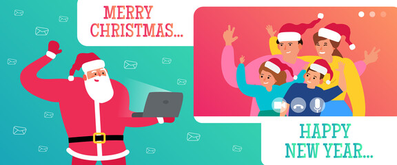 santa claus using laptop online video call  with caucasian family merry christmas and happy new year greeting internet chatting