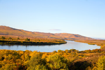  The river flows through the autumn forest. Horizontally.