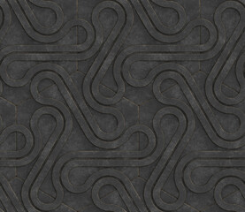 3D black wall with three dimensional ribbon shapes located above the hexagons. High quality seamless realistic texture.