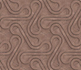3D brown wall with three dimensional ribbon shapes located above the hexagons. High quality seamless realistic texture.
