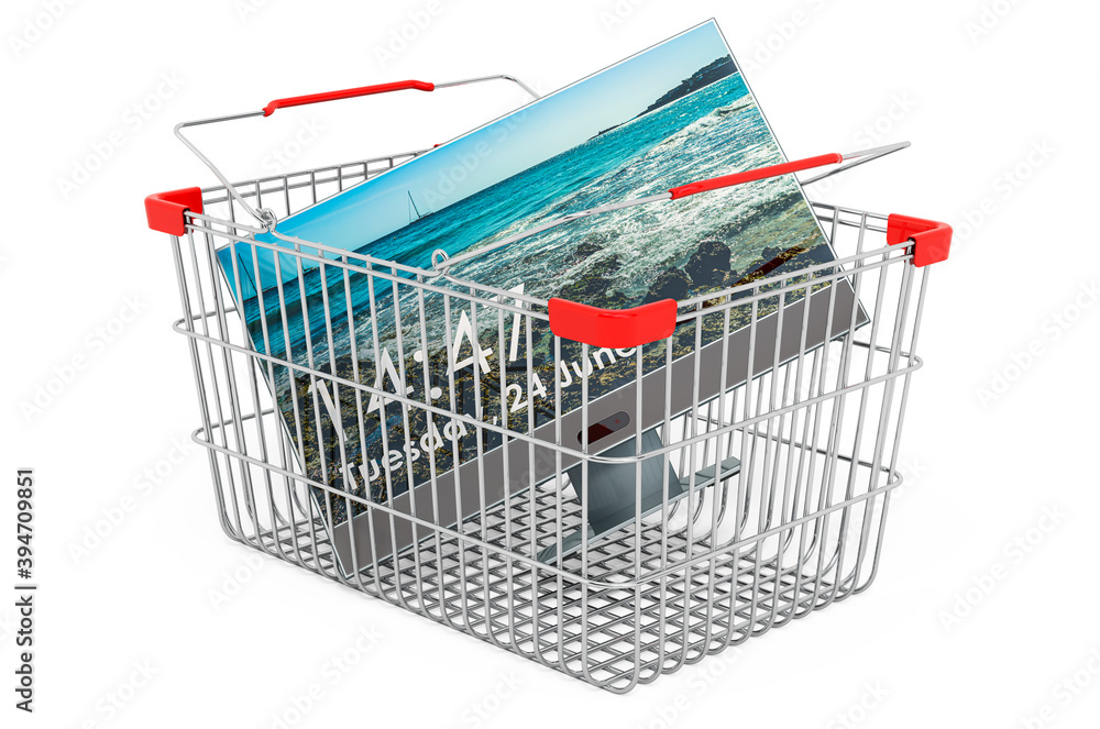 Aufkleber shopping basket with computer monitor, 3d rendering