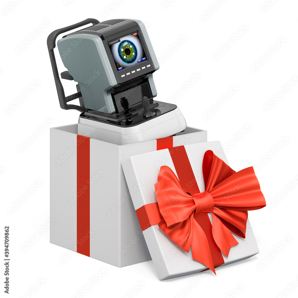 Poster auto refractometer inside gift box, present concept. 3d rendering