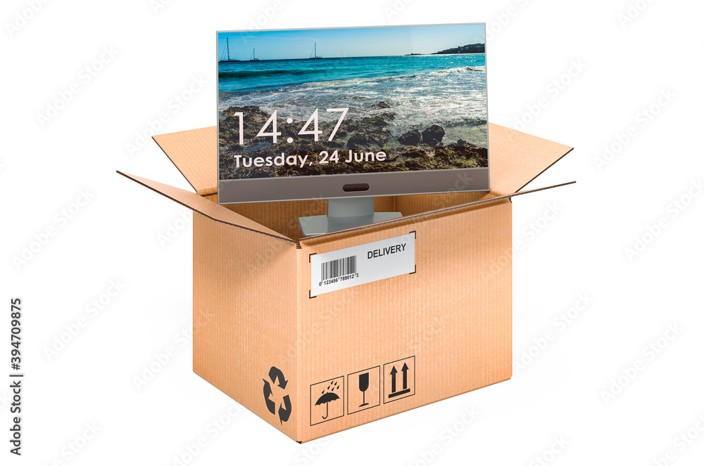 Poster computer monitor inside cardboard box, delivery concept. 3d rendering