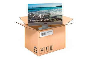 Computer monitor inside cardboard box, delivery concept. 3D rendering