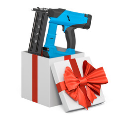 Electric brad nailer inside gift box, present concept. 3D rendering