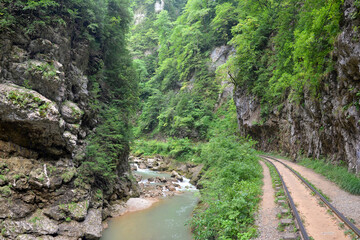 Old rail road in Guamskoye gorge. Krasnodar Krai, Caucasus, Russia.