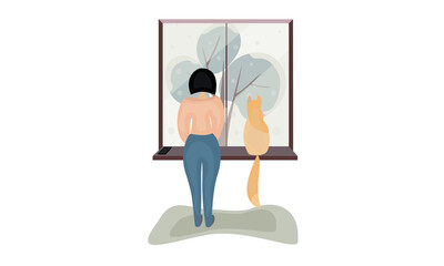 Womand and cat watching in the window