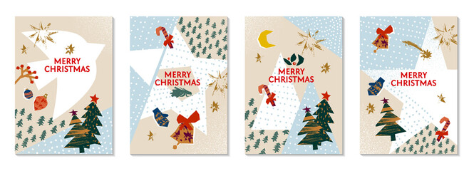 Set of Trendy Christmas Cards or Backgrounds with Decorative Elements  Hand Drawn with a Brush