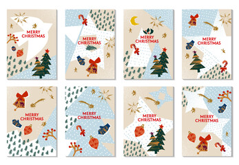 Set of Trendy Christmas Cards or Backgrounds with Decorative Elements  Hand Drawn with a Brush