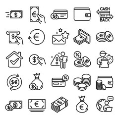 Money wallet line icons. Set of Credit card, Cash and Coins icons. Banking, Currency exchange and Cashback service. Wallet, Euro and Dollar money, credit card. Cash exchange, bank payment. Vector