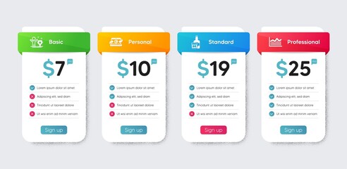 Business icons set. Price table chart, business plan template. Included icon as Copywriting notebook, Money diagram, Winner cup signs. Whiskey glass flat icons. Vector