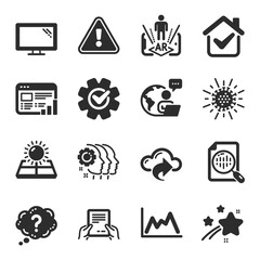 Set of Science icons, such as Coronavirus, Analytics chart, Web report symbols. Receive file, Question mark, Cloud share signs. Sun energy, Monitor, Employees teamwork. Cogwheel, Diagram. Vector