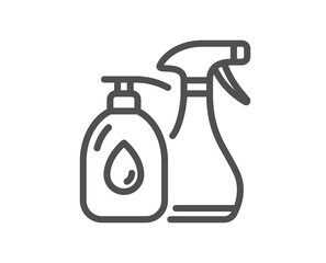 Cleaning liquids line icon. Antiseptic spray sign. Washing symbol. Quality design element. Linear style cleaning liquids icon. Editable stroke. Vector