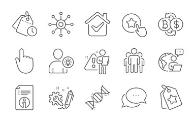 Dots message, Engineering and Loyalty tags line icons set. Hand click, User idea and Loyalty star signs. Time management, Chemistry dna and Group symbols. Line icons set. Vector