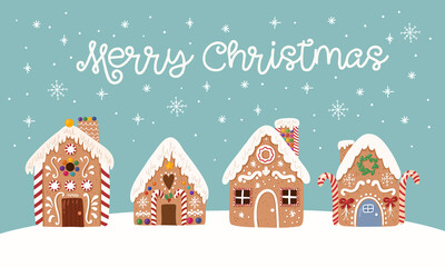 Cute vector greeting card of Gingerbread house,sweet christmas traditional cookie in hand drawn style. 
