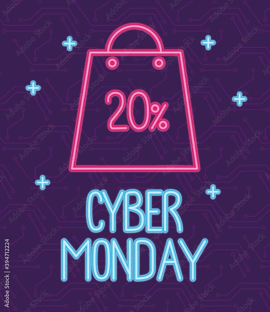 Poster cyber monday neon lettering with shopping bag and percent discount vector illustration design