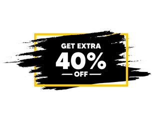 Get Extra 40% off Sale. Paint brush stroke in frame. Discount offer price sign. Special offer symbol. Save 40 percentages. Paint brush ink splash banner. Extra discount badge shape. Vector
