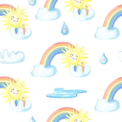 Watercolor multicolored rainbow,yellow sun,clouds, drop, rain on white background.Seamless pattern with Color realistic spectrum arc.Watercolour illustration