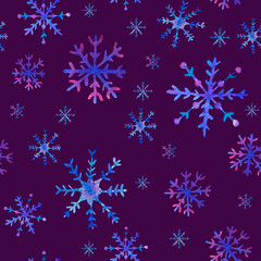 Watercolor Christmas snowflakes seamless pattern. Hand drawn Christmas illustrations with Christmas snowflakes on dark purple background. Christmas background.