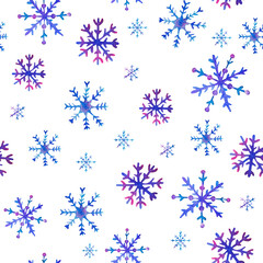 Watercolor Christmas snowflakes seamless pattern. Hand drawn Christmas illustrations with Christmas snowflakes isolated on white background. Christmas background.