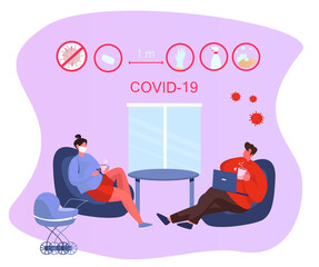 Social Distance in Restaurant or Cafe.People in Mask Sitting at Tables Separated from Each Other and Eating after COVID-19.Protection from Coronavirus Prevention of Quarantine.Flat Vector Illustration