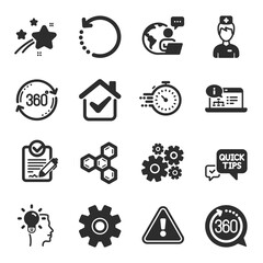 Set of Science icons, such as 360 degrees, Service, Cogwheel symbols. Online documentation, Doctor, Chemical formula signs. Rfp, Idea, Timer. Quick tips, Full rotation, Recovery data. Vector