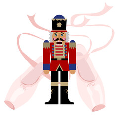 Nutcracker ballet, wood toy, Christmas collection. Pink pointe ballerina shoe. Vector element.