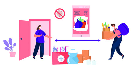 No Contact Home Delivery During Coronavirus.Delivery Food and Drug During Quarantine.Online Shopping.Delivery Manager in Mask Leaves Food and Water Near Door.Social Distance.Flat Vector Illustration