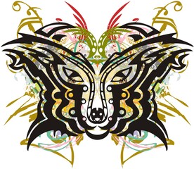 Animal head like a cat colorful floral splashes. The flaming carnival mask of a decorative cat with floral and golden elements can also be used for textiles, prints, wallpaper, etc.