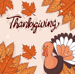 Naklejka premium happy thanksgiving celebration lettering card with autumn leafs and turkey vector illustration design