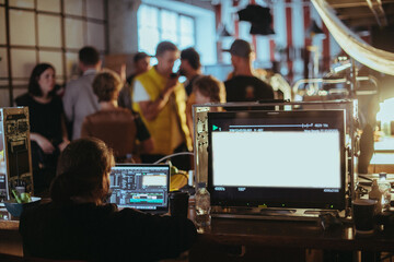 Film set, monitors and modern shooting equipment.