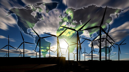 Green energy concept. Wind power farm. Wind turbines on the background of the world map and blurred cloudy sky