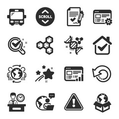 Set of Technology icons, such as Recovery data, Presentation time, Chemistry dna symbols. Scroll down, Global business, Chemistry lab signs. Web report, Web settings, Approved agreement. Vector