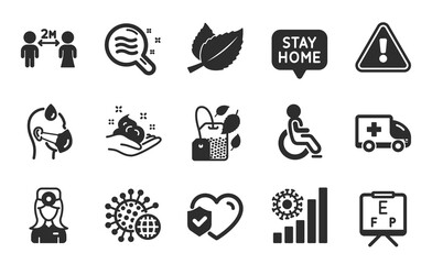 Skin care, Vision board and Mint bag icons simple set. Stay home, Mint leaves and Skin condition signs. Coronavirus statistics, Social distancing and Oculist doctor symbols. Flat icons set. Vector
