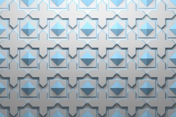 Pattern with blue geometric repeating elements - crosses, pyramids, squares