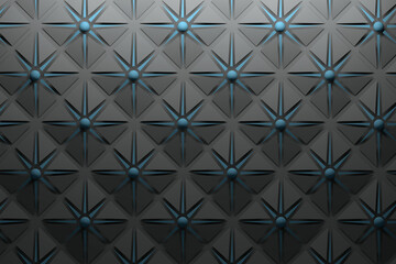 Fototapeta premium Carbon black grey pattern with repeating pyramidal shapes and dark blue star and spheres