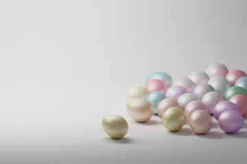 Pastel colored shiny Easter eggs on white background. Image with blank copy space