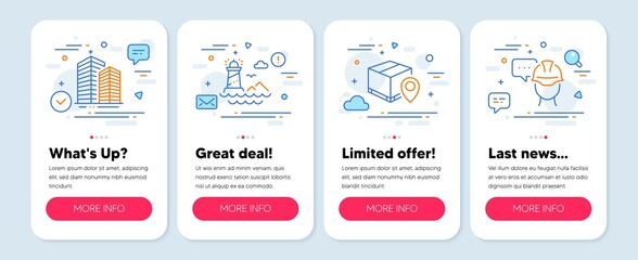 Set of Industrial icons, such as Parcel tracking, Lighthouse, Skyscraper buildings symbols. Mobile app mockup banners. Foreman line icons. Vector