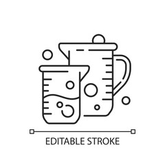 Beaker linear icon. Cylindrical container with flat bottom. Holding, mixing and heating reagents. Thin line customizable illustration. Contour symbol. Vector isolated outline drawing. Editable stroke