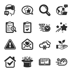 Set of Business icons, such as Hat-trick, Checklist, Accounting report symbols. Speedometer, Augmented reality, Research signs. Love letter, Education, Helping hand. Quick tips, Star. Vector