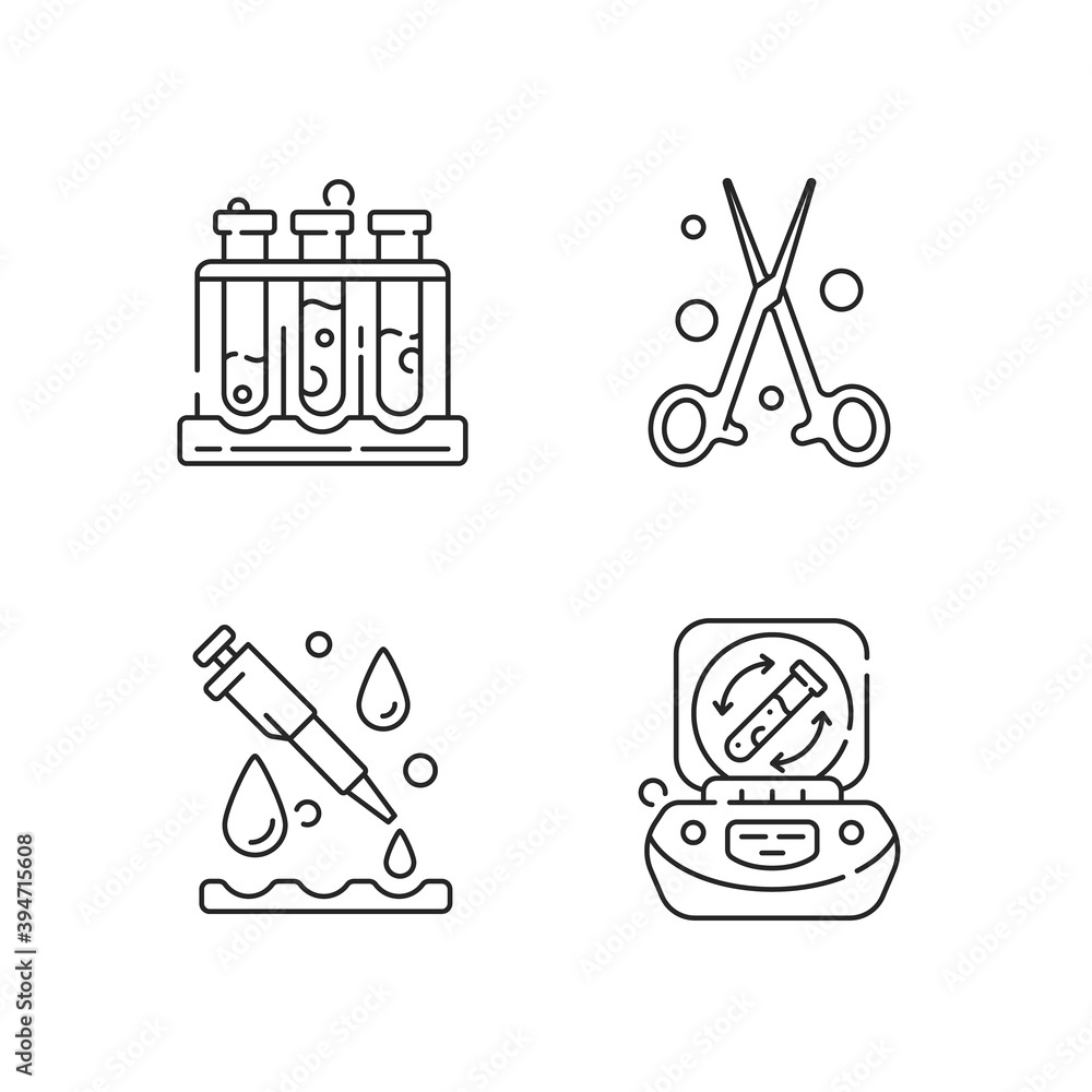 Poster laboratory instruments linear icons set. holding upright multiple test tubes. forceps, pipette. cust