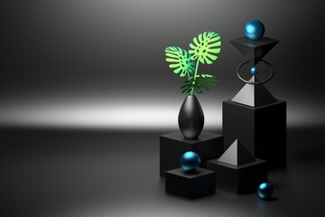 Composition with cubes, spheres, pyramids and vase with monstera in black color